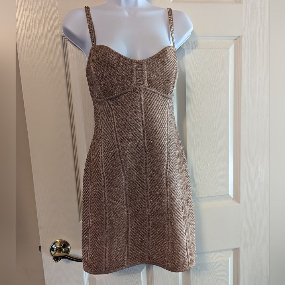 HERVE LEGER Ottoman Metallic Stretch Party Cocktail Mini Dress Rose Gold Size L